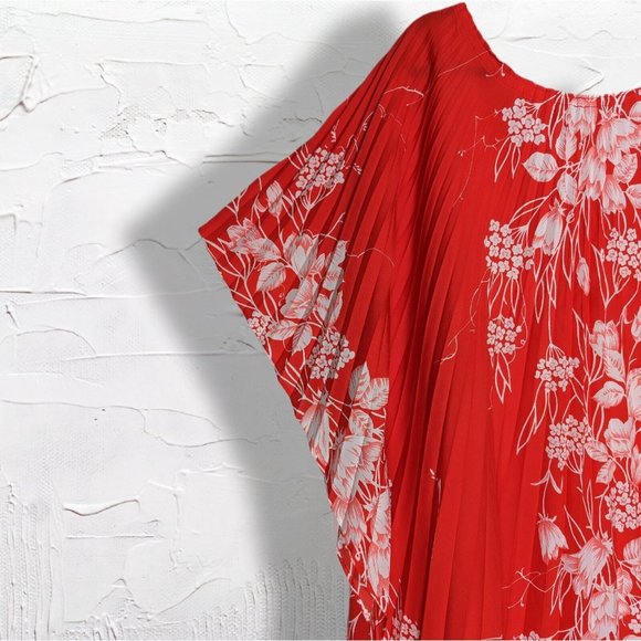 Stunning Vintage Pleated Hawaiian Accordion Caftan Dress Bright Red Floral OSFM - Picture 6 of 12